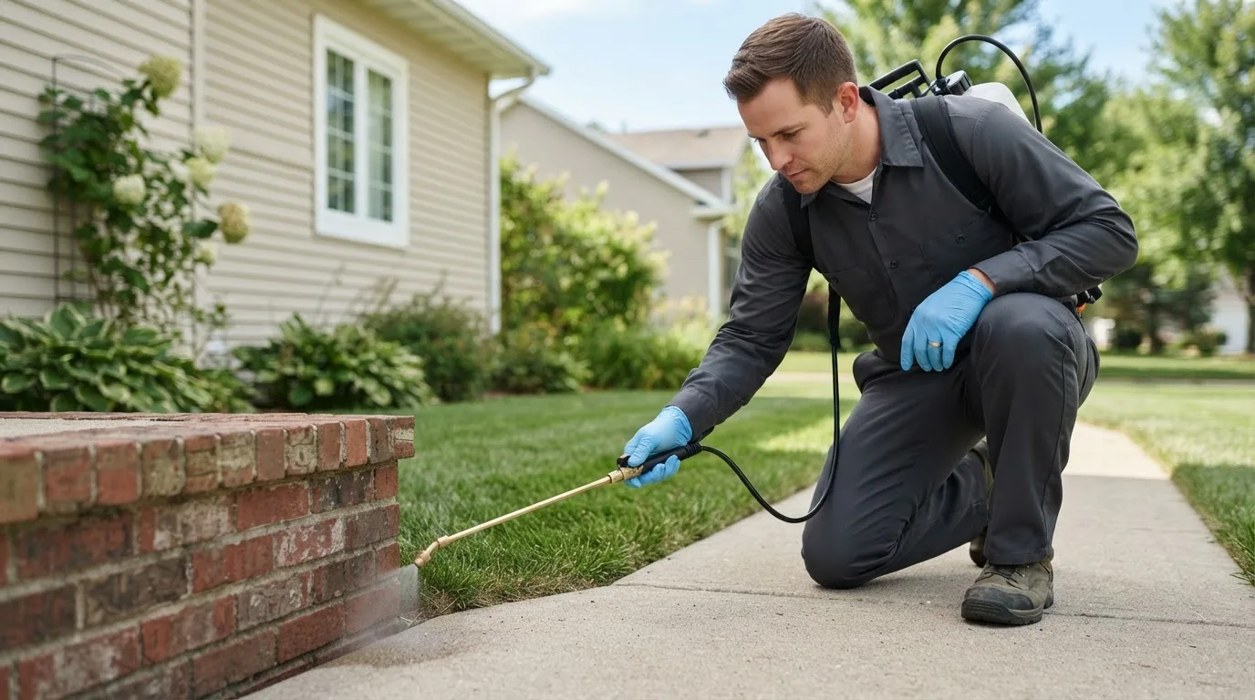 Pest control technician treating a home near Bucks, AL